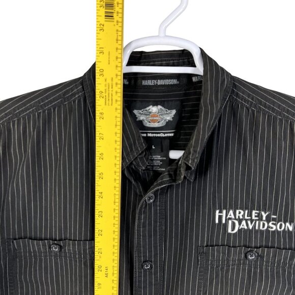 Harley-Davidson Mens L Black Striped Short Sleeve Button-Up Mechanic Shirt Biker - Picture 14 of 16